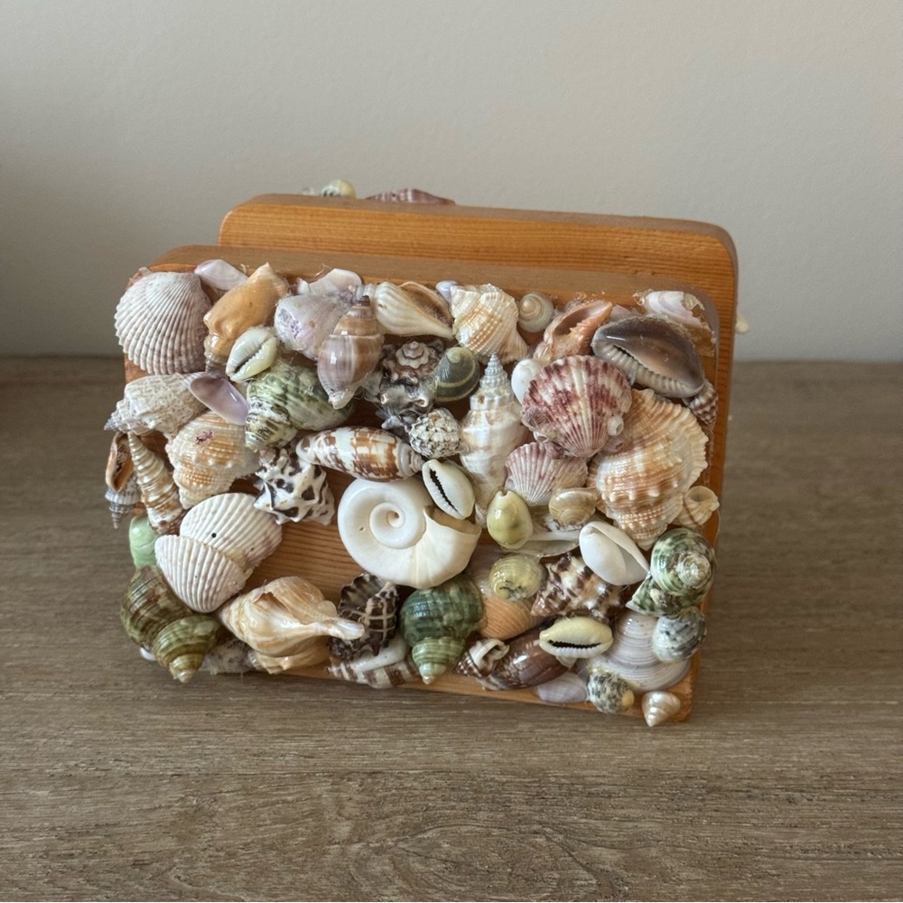 Vintage Seashell and Wood Napkin Holder MCM